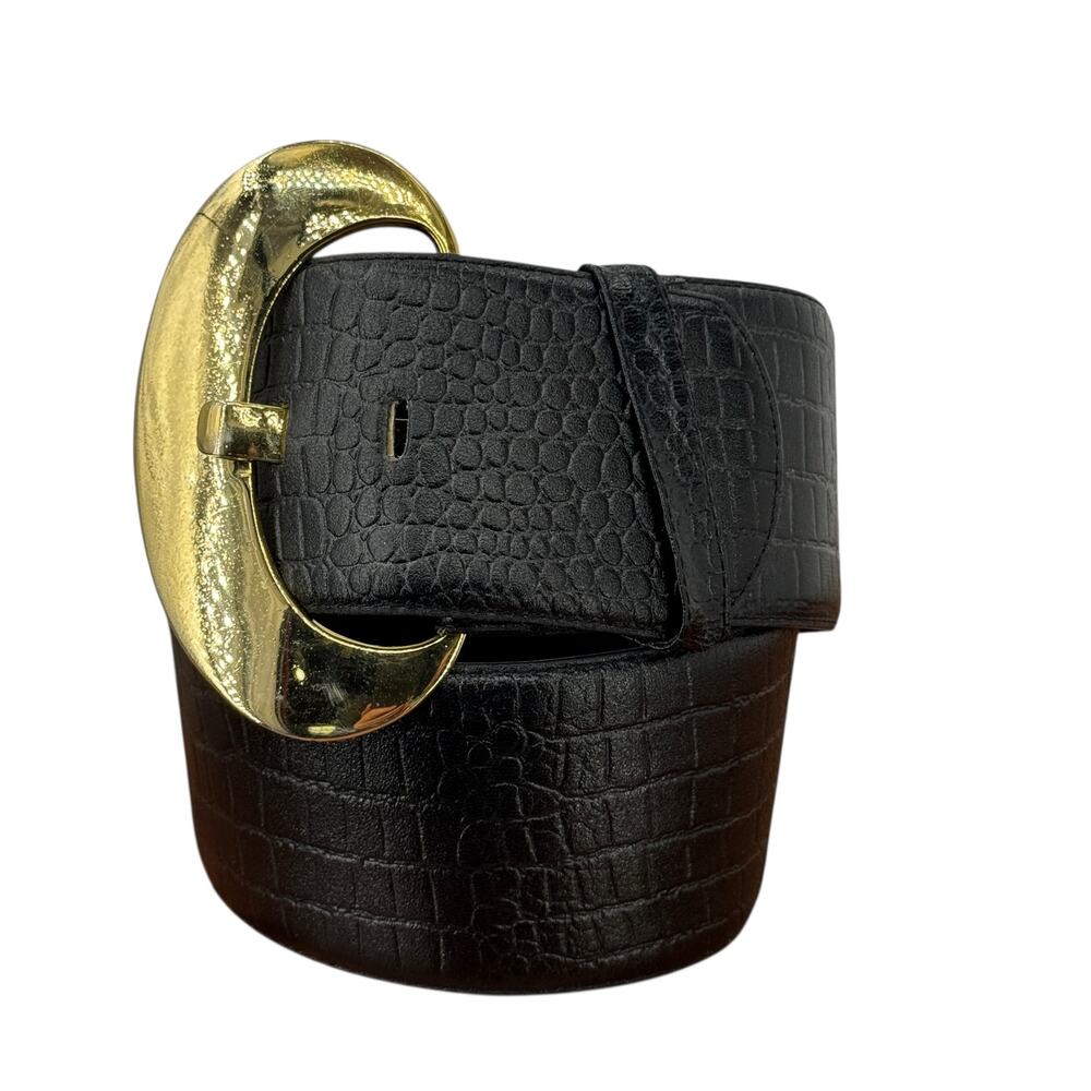 Magid Croco Embossed Wide Belt SZ L Women Black Big Buckle Chic Leather 70s Bold